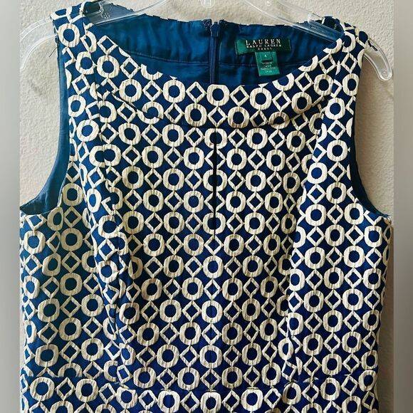 RALPH LAUREN BLUE/GOLD FAUX SPLIT FRONT SKIRT SHEATH DRESS SIZE 4 - Picture 6 of 11